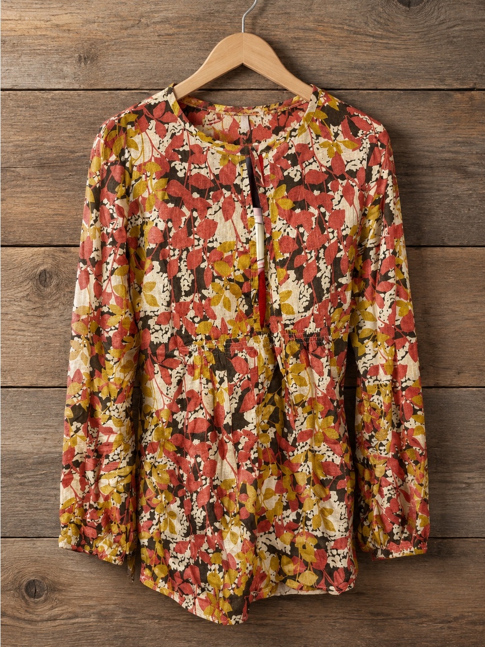 Eddie Bauer Long-Sleeve Floral Tunic in Rust, Mustard & Cream